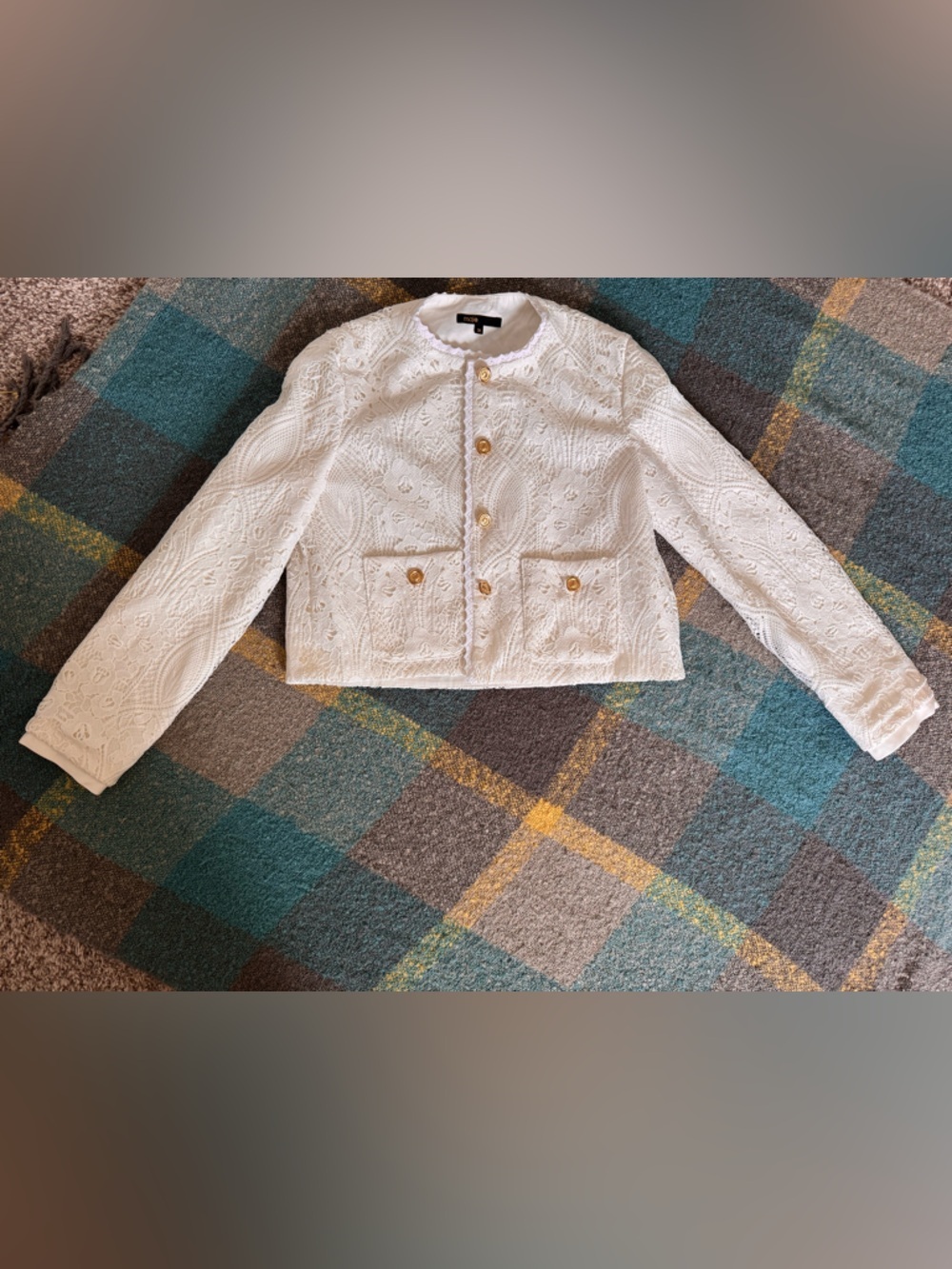 Maje White Cropped Crochet-Textured Button Jacket BNWOT